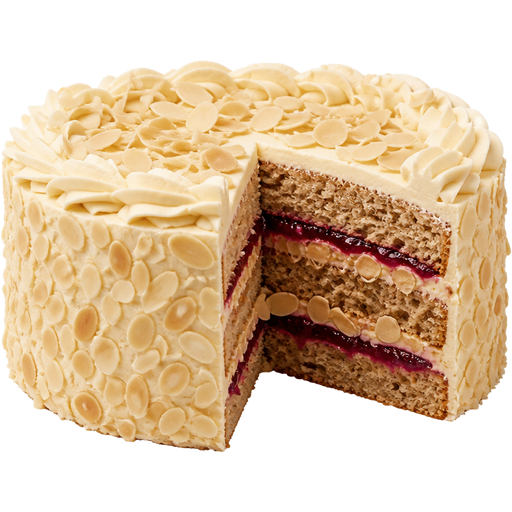 Whole Almond Berry Cake with Cherry Preserves Filling and Almond Flakes in the Middle and Almond Cream