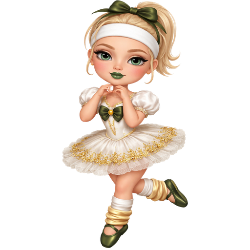 Banana Twirl with a Fair-Light Warm Soft Beige Skin Tone with a Full Lip Shape With a Slight Doll Eyelash Shape and A Dark Green Tinted Matte Lipstick with a Grey-ish Blue Eyeshadow and a Curved Round Eyebrow with a Almond Eye Shape and a Square Face Shape with Light Blonde Hair in a Short Ponytail Hairstyle in a Up Position With the Bows Being A Dark Moss Green With a White Sweat Band on Her Forehead Wearing a White Ballet Dress With the Skirt Being Gold and White Short Puffed Sleeves and the Center of Dress Has a Dark Moss Green Bow With the Strap Being White Wearing White Sweat Band Round her Knees and Gold Leg Warmers Round her Ankles and Dark Green Ballerina Slippers with Ivy-Green Eyes with a Mature Adult Toned Build and Vivid with 3D Distinct Features And High Visual Textures in a Soft 4K Intense Polished Shine