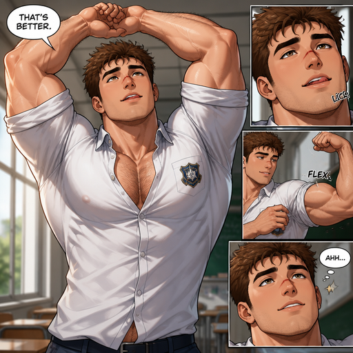 A Anime comic book of a Hunky and bulky but Muscular and more Muscle than Fat ANIME CUTE Bara Man Who looks Normal and American but Manly Features and Fluffy and strait Brown Hair with a round facial Structure and Basic facial structure With PUFFY and BIG Pecs that are visible through the shirt and Biceps with a cut on his nose. Wearing a baggy School Uniform. He Stretches with interlocked fingers both arms up. And He unbuttoned 2 buttons and and looks up and dreamy and Irresistible. And he licks his teeth. And flexing a roos off the sleeves and he says that’s better