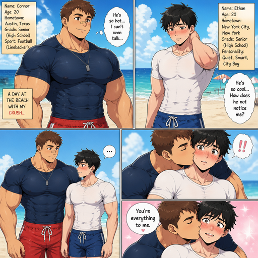A Very Detailed ANIME comic book view of a Beefy and Bulky and Huge Beefy Pecs and Biceps an Muscularly above average High schooler but Muscular and the Perfect and Slim waist Non-Stocky Build and ANIME Cute Bara Cowboys Who looks Normal 20 year old American with a round facial Structure and A Non-detailed Face and Facial Structure and ROUND and BASIC facial structure and No Facial Hair With Puffy and Big Pecs that are visible through the shirt and Biceps and Bandaid on his nose. Both at the Beach wearing swim suits and Shirts with his Crush that’s a city boy afraid to talk to each other so as a man he acts tough and Manly and he blushes and HE looks Dreamy and Cute. And then he Holds his waist and kisses his Cheek and says your everything to me