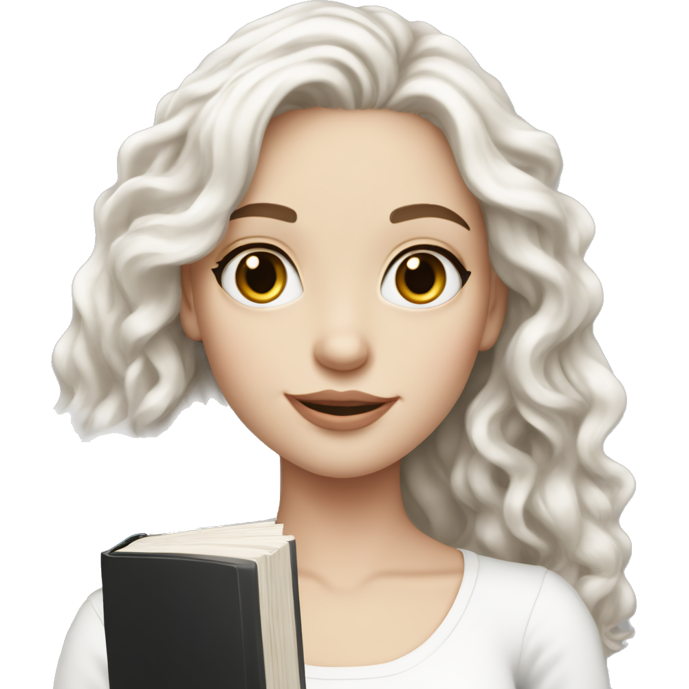 chic pale girl with medium black curled long hair wearing a white top holding a book make the hair color black