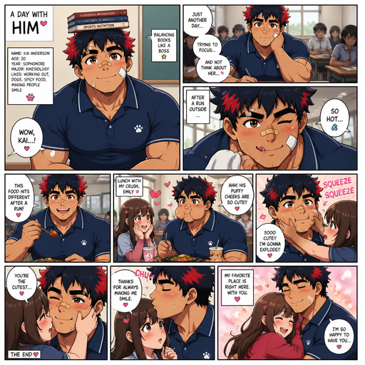 A Full page Anime Comic book story about of a masculine and Bulky ANIME Cute Bara Man American 20 year old with a ROUND and BASIC facial structure and TENAGE BARA CUTE MALE not to detailed With bigger than average Pecs that are visible through the shirt and Biceps and a big Bandaid on his nose and Left Cheek and Right Eye brow. Wearing a no piercings Baggy Cute and Perfect sized Polo shirt and Shorts and Navy Blue Hair and Bright Red Hair Tips and Strait with brown eyes and black eyebrows. Sitting down with his head still and his eyes looking up at you with a Hot, Cute and Dreamy smile And Balances Books on his head and doing other cute and Hot stuff in classrooms and Licking his lips Super Sweaty and Hot from his run outside And then Eating some food with his crush and she has cute aggression due to his puffy cheeks and the she squeezes his cheeks. And then he kisses her on the forehead and then she hugs him in happiness. Im so happy to have you