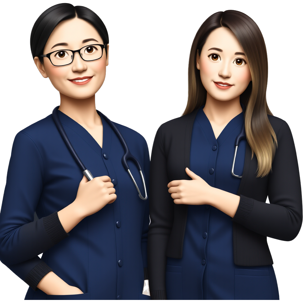 2 nurse best friends. Both have on navy blue scrubs and black cardigan. One nurse is Japanese with black hair wearing glasses. The other nurse is porcelain skin that has dark brown hair with blonde tips