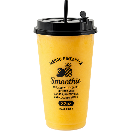 Mango Pineapple Smoothie with a 32oz PP Injection Cup and a Premium Plastic PP Black Lid with an Attached Stopper including a Straw on Top of It Infused with Yogurt Blended with Mangos, Pineapples, and Coconut Water