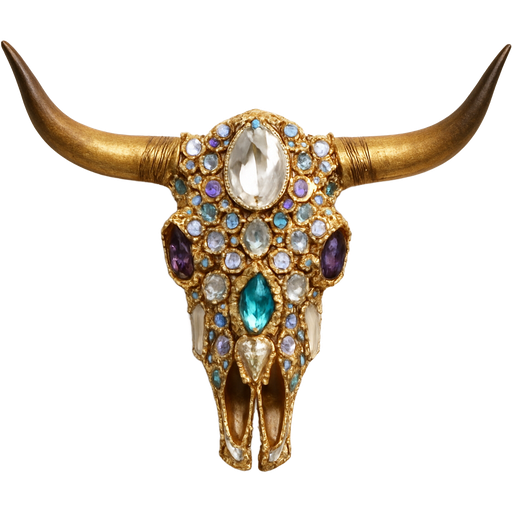 Longhorn skull decorated with gems and crystals that looks expensive, unusual art, long horns like a Texas longhorn