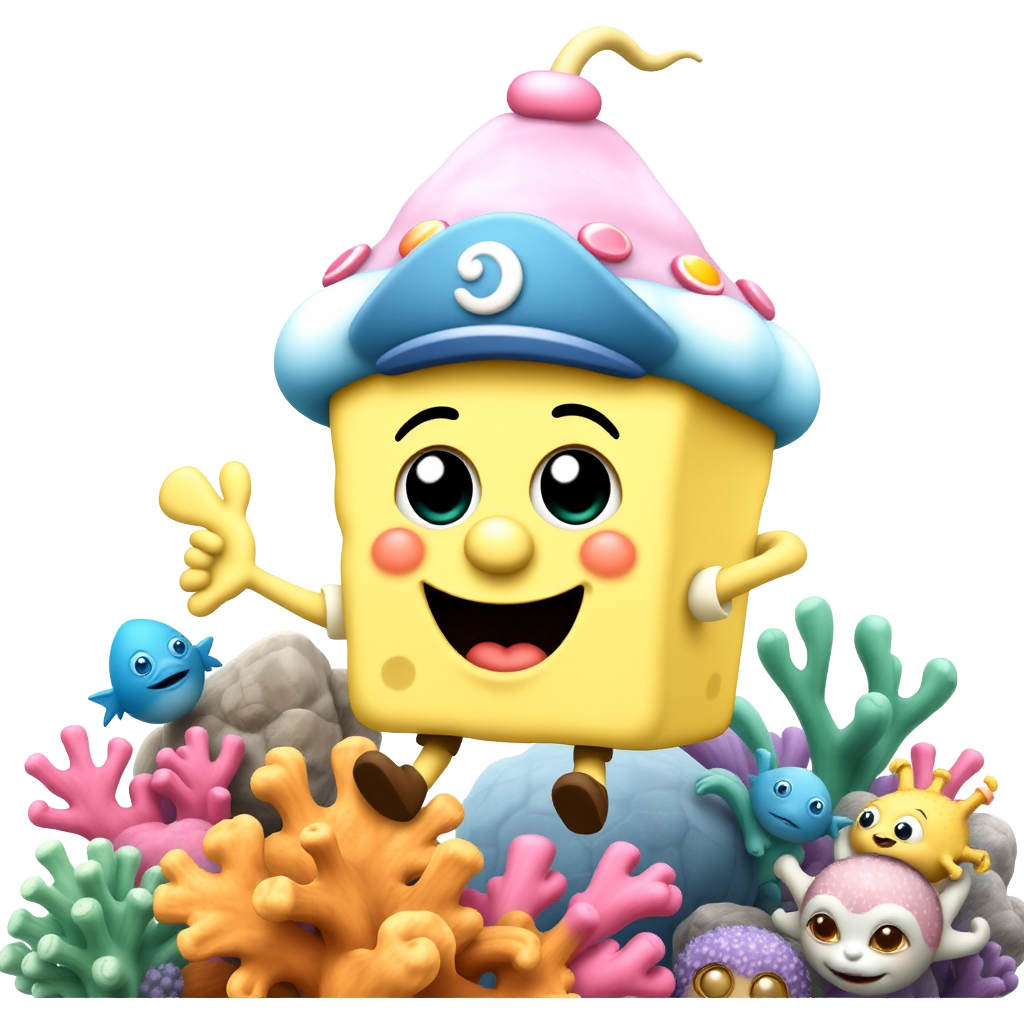 A whimsical little sponge wearing a tiny sailor's cap, bouncing playfully in a vibrant coral garden, while a cozy cupcake-shaped house decorated with candy windows looms in the background, surrounded by shimmering bubbles and playful sea creatures joining in the fun!