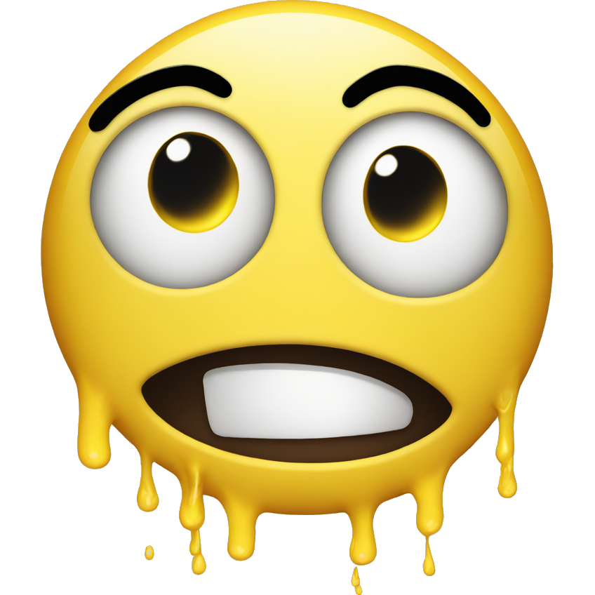 Generic happy smiley emoji with open eyes and closed mouth with yellow dripping effect come from the bottom of the emoji