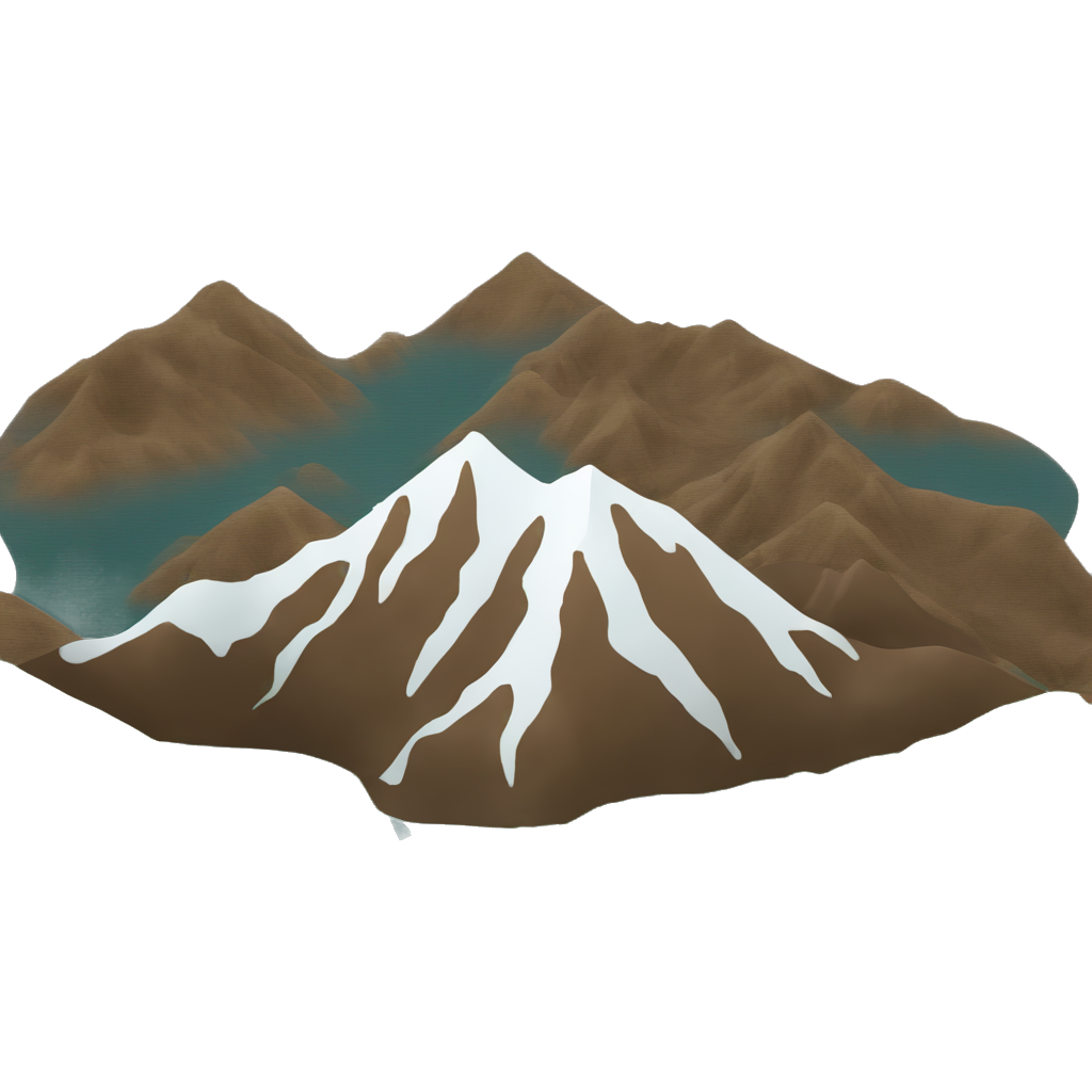 Brown, green, grey and white mountain plus blue lake with soft rounded edges under it 🏔️ (All over transparent background)