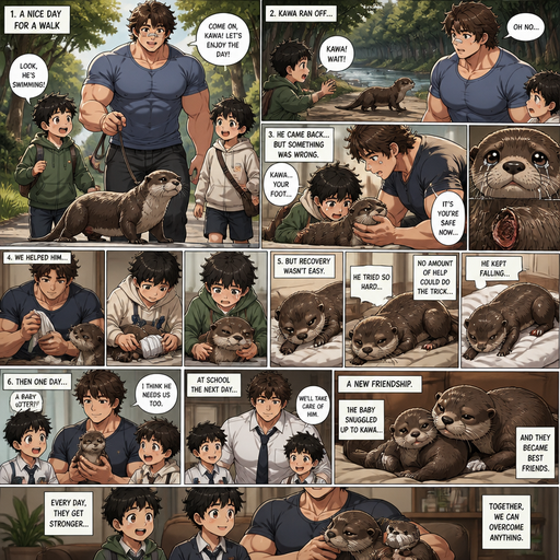 A DETAILED AND LIFELIKE ANIME Comic Book story view of a Bulky but Muscular ANIME Cute Bara Man With Peach toned skin Who looks Normal aind round facial Structure and Basic facial structure With Puffy and Big Pecs that are visible through the shirt and Biceps and Bandaid on his nose and Brown Fluffy and Strait hair. Wearing a normal clothes And with his pet and grown otter and 2 little brothers. And they go on a walk with the otter and the otter ran off and and the otter came back came back without a Foot. And they helped him and the otter cried but was safe now at home. And the otter tries to recover but struggles and no amount help could do the trick. And then it was , and they went to school said and Were alone and then they get a Baby otter. And the baby otter snuggled the other otter and they became friends.