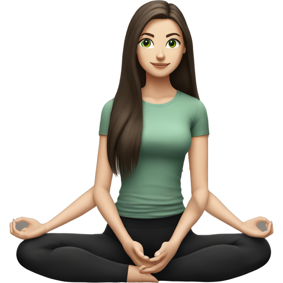 Beautiful white girl with perfect dark brown long straight amazing hair and green eyes sitting in yoga pose with black outfit (short sleeve top)