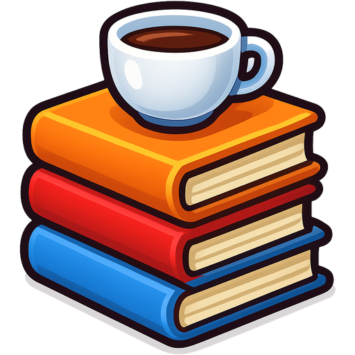 Create an emoji-style stack of books with a tiny white coffee cup on top with blue accents. Glossy, cute, bold outline, white background.