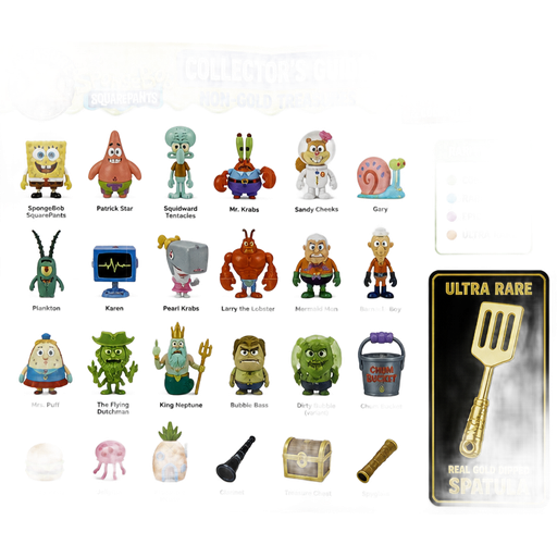 moose toys treasure x spongebob squarepants collectors guide non-gold-treasures with names and characters with names and ultra rare real gold dipped spatula