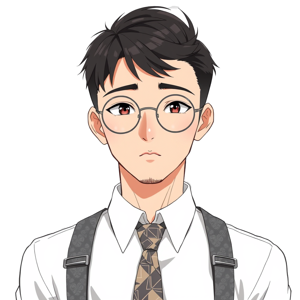 anime art of A man with a round face, neatly trimmed facial stubble, and a subtle mustache. He wears round, wire-rimmed glasses with a metallic frame and has short, dark hair styled neatly with a side part. He is dressed formally in a white collared shirt with a patterned tie featuring a geometric design in muted tones, complemented by gray paisley-patterned suspenders secured with metallic clips. His expression is neutral and composed. A young man on a white background