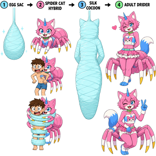 cartoon network life cycle of anthro femboy pink cat drider with blue and white tail white wrists blue hands white ankles yellow tips on spider legs green collar blue unicorn horn wearing femboy clothing based on unikitty metamorphosis transformation 1st stage #B8FFFF spider eggsac 2nd stage pink spider cat hybrid next to 1 pink spider cat hybrid latching on a kid in blue shorts and 2 wrapping around kid in blue shorts whole body and head with #B8FFFF silk webbing 3rd stage cocoon wrapped up and mummified fully covered in a #B8FFFF spider slik cocoon shaped like anthro femboy cat anthro behind back with #B8FFFF spider slik wrappings completely covered with thick layers non-transparent #B8FFFF spider slik wrappings hanging on #B8FFFF slik wrappings 4th stage adult 1 anthro femboy pink cat drider with blue and white tail white wrists blue hands white ankles yellow tips on spider legs green collar blue unicorn horn wearing femboy clothing based on unikitty emerges from its wrapped up and mummified fully covered in a #B8FFFF spider slik cocoon shaped like anthro femboy cat anthro arms behind back with #B8FFFF spider slik wrappings completely covered with thick layers non-transparent #B8FFFF spider slik wrappings hanging on #B8FFFF slik wrappings 2 anthro femboy pink cat drider with blue and white tail white wrists blue hands white ankles yellow tips on spider legs green collar blue unicorn horn wearing femboy clothing based on unikitty with a heart briefly appears