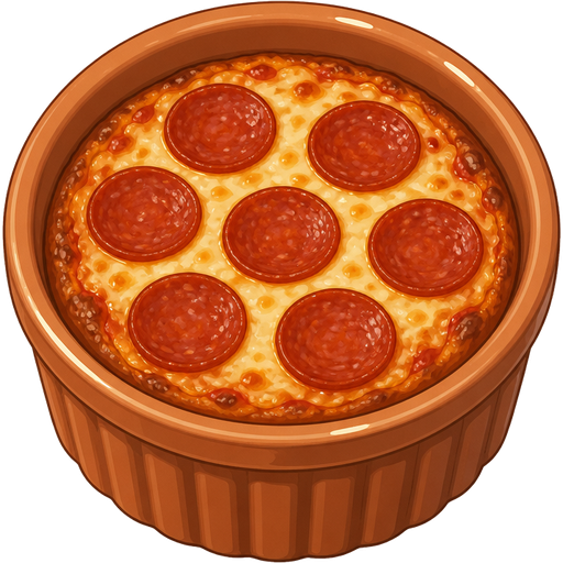 ghibli style | color #A0522D mini ceramic ramekin | mini deep dish pepperoni pizza inside ramekin | view: high-angle + front center + close-up