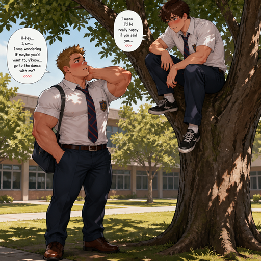 A Full Body view of a Bulky and Muscular and more Muscle than Fat ANIME CUTE Bara Man Who looks Normal and American with a Basic facial structure With PUFFY and BIG Pecs that are visible through the shirt and Biceps with a cut on his nose. Wearing a School Uniform. Blushing hard and taking to his male crush in a tree. Both blushing