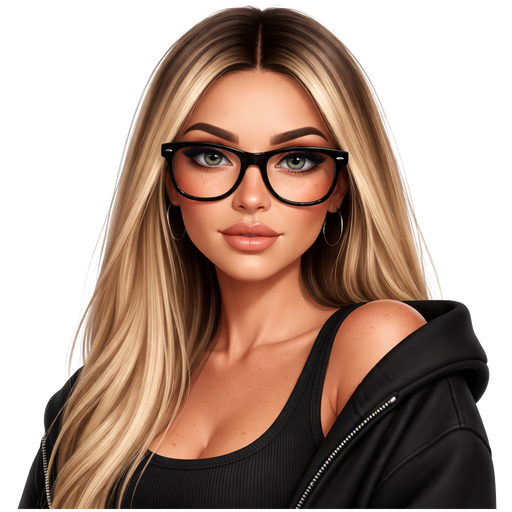 40 year old baddie with slightly full lips a slight bumpy nose slim face cheek bones with dark freckles across the nose and almond shaped LIGHT GRAY colored eyes lashes shiny nose ring piercing fair skin with freckles across nose with shiny nose stud and very long straight blonde hair and dark roots parted in the middle serious and large black glasses wearing a black tank top and black unzipped hoodie shoulders showing