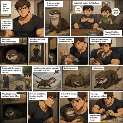 A DETAILED AND LIFELIKE ANIME Comic Book story view of a Bulky but Muscular ANIME Cute Bara Man With Peach toned skin Who looks Normal aind round facial Structure and Basic facial structure With Puffy and Big Pecs that are visible through the shirt and Biceps and Bandaid on his nose and Brown short hair that makes them look tough. Wearing normal With his pet Grown and healthy realistic otter and 2 little brothers that are in different ages but young. And they all don’t like the otter, and they Don’t feed the otter and it cries and Is afraid to talk to people when the big brother comes back but likes to talk to the big brother. then a when the otter thought it was safe he snuggled with the big brother. And one day when the big brother is gone the otter was on a leash on a a walk with the little brothers it is flies at a rock lays there and limps. And then we they get home the otter goes back to hiding and when bob brother gets home he see the limping otter and Cries and Fixes him
