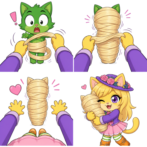 green boy cat furry getting quickly wrapped up mummified by furry yellow cat anthro with purple eyes light blonde hair purple and pink florist hat and purple florist outfit green and white socks orange boots with buckles light pink skirt in first person view with light blonde hair 2 light blonde hair mummy shaped like green boy cat furry completely covered with light blonde hair mummy then furry yellow cat anthro with purple eyes light blonde hair purple and pink florist hat and purple florist outfit green and white socks orange boots with buckles light pink skirt in first person view hugs the light blonde hair mummy cute chibi kawaii cartoon happy tree friends comic version