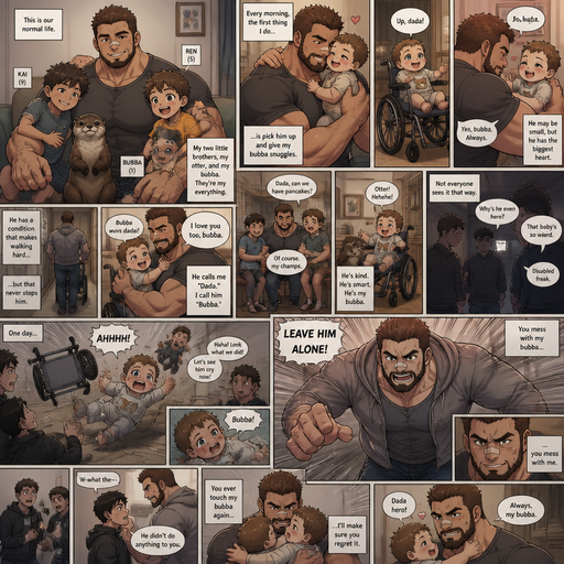 A DETAILED AND LIFELIKE LONG Anime Comic Book story view of a Bulky but Muscular ANIME Cute Bara Man With Peach toned skin Who looks Normal aind round facial Structure and Basic facial structure With Puffy and Big Pecs that are visible through the shirt and Biceps and Bandaid on his nose and Brown short hair that makes them look tough and A Bear on his Chin and Jaw. Wearing normal With his pet Grown and healthy realistic otter and 2 little brothers that are in different ages but young. At the house And the baby with his cute clothes on and already holding his hand he picks the little baby from his Wheelchair and Snuggles and Hugs the baby and it goes in a wheel chair and the baby cuddles up with his arm and he loves calling him bubba but some people don’t like the baby and one day the baby flew out of his chair from some bullies, but he defended the baby