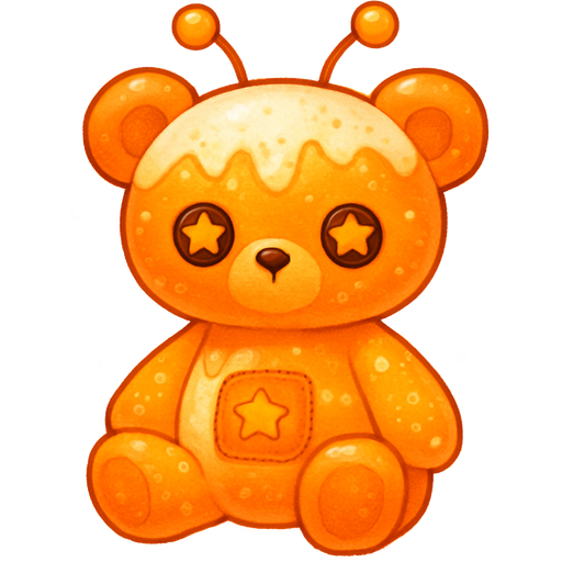A dreamy orange creamsicle themed alien teddy bear that looks as if it’s orange soda with antennas and rich vanilla ice cream mixed together and soda pop bubbles around it with cute button eyes that match the theme like stars with a cute orange night sky patch that matches and looks sewed on
