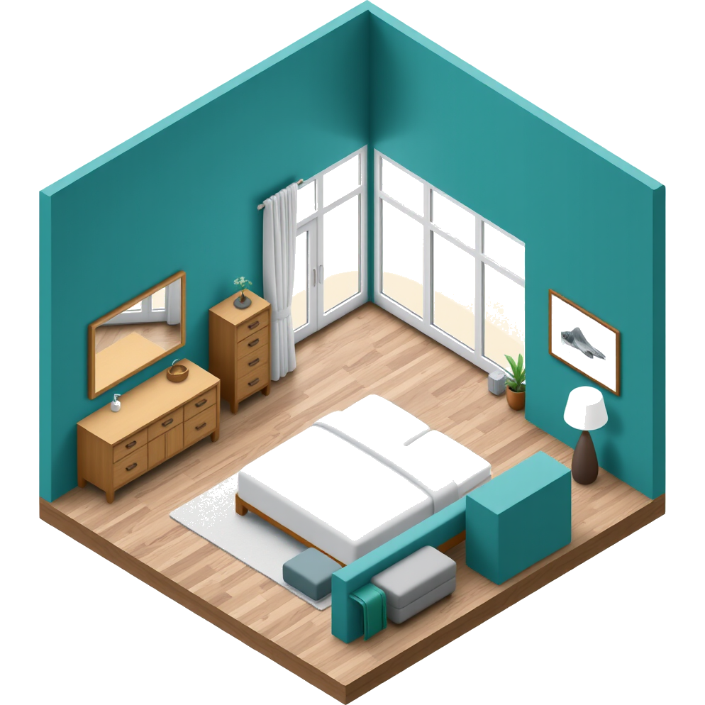 A beach theme room with light hard wood floors and a light up vanity with lots of make up on and a soft bed with beach themed bed sheets with a cute dong laying on the bed and a window with an amazing beach view and sea shell wallpaper all over the walls