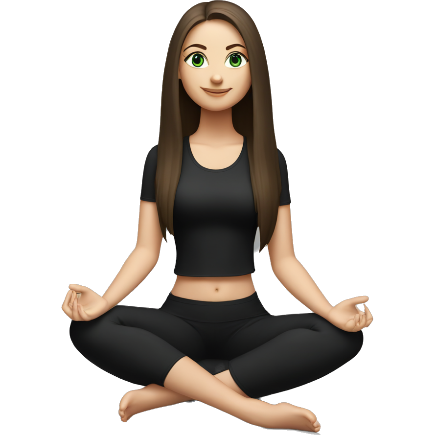 Beautiful white girl with perfect dark brown long straight amazing hair and green eyes sitting in yoga pose with black outfit (short sleeve top)