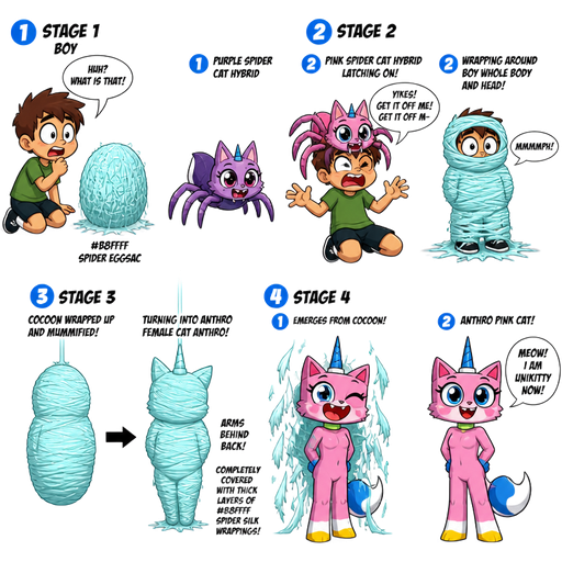 life cycle of anthro pink cat with blue and white tail white wrists blue hands white ankles yellow feet green collar blue unicorn horn w based on unikitty metamorphosis transformation 1st stage boy huh? what is that! #B8FFFF spider eggsac 2nd stage purple spider cat hybrid next to 1 pink spider cat hybrid latching on a boy's face yikes! get it off me! get it off m- and 2 wrapping around boy whole body and head and mouth mmmph! with #B8FFFF silk webbing 3rd stage cocoon wrapped up and mummified fully covered in a #B8FFFF spider slik cocoon shaped like boy turning into a anthro female cat anthro based on unikitty arms behind back with #B8FFFF spider slik wrappings completely covered with thick layers non-transparent #B8FFFF spider slik wrappings hanging on #B8FFFF slik wrappings 4th stage adult 1 anthro pink cat with blue and white tail white wrists blue hands white ankles yellow feet green collar blue unicorn horn w based on unikitty emerges from its wrapped up and mummified fully covered in a #B8FFFF spider slik cocoon shaped like anthro female cat anthro based on unikitty arms behind back with #B8FFFF spider slik wrappings completely covered with thick layers non-transparent #B8FFFF spider slik wrappings hanging on #B8FFFF slik wrappings 2 anthro pink cat with blue and white tail white wrists blue hands white ankles yellow feet green collar blue unicorn horn based on unikitty Meow! I am unikitty now!