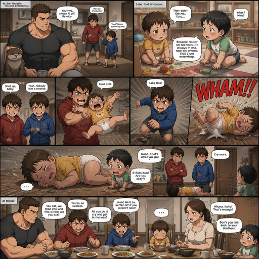 A DETAILED AND LIFELIKEshow everything Long and detailed anime Comic Book story view of a Bulky but Muscular ANIME Cute Bara Man With Peach toned skin Who looks Normal aind round facial Structure and Basic facial structure With Puffy and Big Pecs that are visible through the shirt and Biceps and Bandaid on his nose and Brown short hair that makes them look tough. Wearing normal With his pet Grown and healthy realistic otter and 2 little brothers that despises the baby and the baby knows and baby that are in different ages but young. At the house, the baby is with his best friend baby on a play date and the baby tells the baby‘s best friend that he isn’t favored by the brothers and the baby‘s best friend is scared and the brother‘s hate the baby. And midway through the baby‘s talking ONE OF THE brothers is holding the baby still in one spot with the baby spread out like a starfish In the AIR and the Other brother preps and the runs into the baby. And the Baby flies down to the floor on its side and is weak. and doesn‘t have enough energy to talk back to the friend and is weak and At dinner the baby is golden by the brothers for existing.