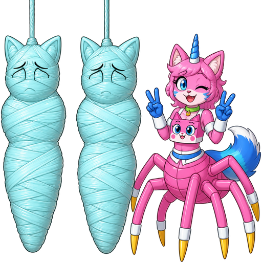 wrapped up and mummified fully covered in a #B8FFFF spider slik cocoon shaped like anthro female native cat anthro worried arms behind back with #B8FFFF spider slik wrappings completely covered with thick layers non-transparent #B8FFFF spider slik wrappings wrapped up and mummified fully covered in a #B8FFFF spider slik cocoon shaped like anthro female native cat anthro worried arms behind back with #B8FFFF spider slik wrappings completely covered with thick layers non-transparent #B8FFFF spider slik wrappings hanged to the ceiling on the left side next to wrapped up and mummified fully covered in a #B8FFFF spider slik cocoon shaped like anthro female native cat anthro worried arms behind back with #B8FFFF spider slik wrappings completely covered with thick layers non-transparent #B8FFFF spider slik wrappings hanged to the ceiling the left side next to happy anthro femboy pink cat drider with blue and white tail white wrists blue hands white ankles yellow tips on spider legs green collar blue unicorn horn wearing femboy clothing based on unikitty