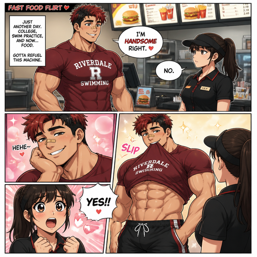 A Full page Anime Comic book story of a masculine and Bulky ANIME Cute Bara Man Who looks Normal and American 20 year old with a round facial Structure and Basic facial structure With Puffy and Big Pecs that are visible through the shirt and Biceps and Bandaid on his nose. Wearing a College Swimming spirit shirt and swimming trunks and Dark Red Hair and Black Roots. At a fast food Place at the cash register flirting with the waitress at the cash register and saying I’m handsome right. And Making a DREAMY, CUTE and hot smile. She says no with a strait face. Then he holds the bottom of his shirt in his mouth showing his abs then she immediately says yes