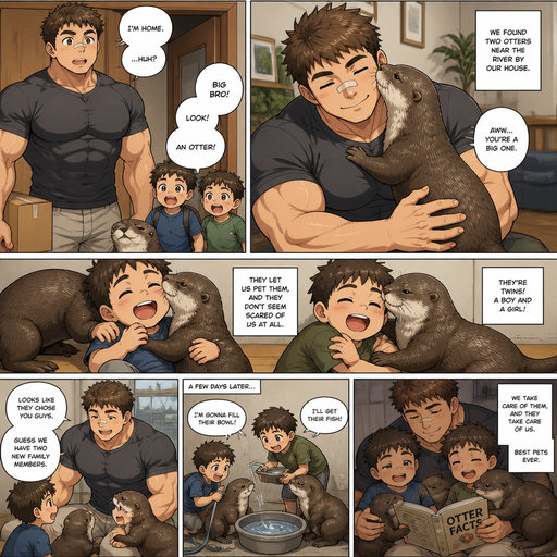 A DETAILED AND LIFELIKE ANIME Comic Book story view of a Bulky but Muscular ANIME Cute Bara Man With Peach toned skin Who looks Normal aind round facial Structure and Basic facial structure With Puffy and Big Pecs that are visible through the shirt and Biceps and Bandaid on his nose and Brown Fluffy and Strait hair. Wearing normal With his pet Grown and long and healthy otter and 2 little brothers that are in Late elementary grades. And they See there twin otter cuddle with them. And the otters Cuddle the Little Brothers and they keep them as pets and take care of them.