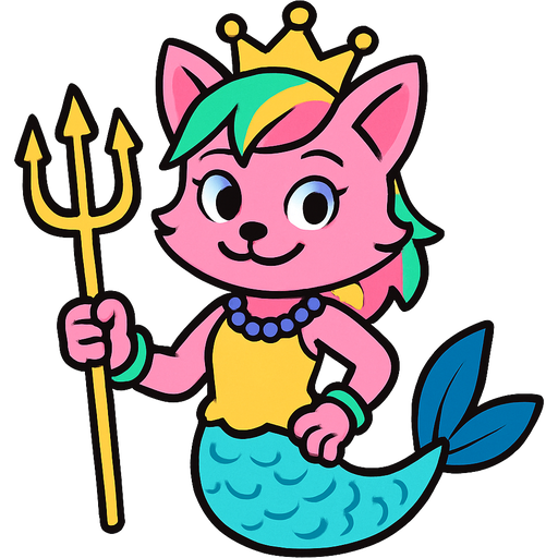 Male pink anthro cat with pink and green and yellow hair blue golden crown with light purple necklace light cyan braclets cyan and yellow dress with attached to cyan and light blue mermaid tail with dark blue fins holding a golden trident