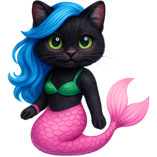 black cat blue hair green top bikini #FF69B4 bracelets #FF8AE0 mermaid tail with #FFB8FD back fins and #FFB8FD tail fins emoji, artistic style