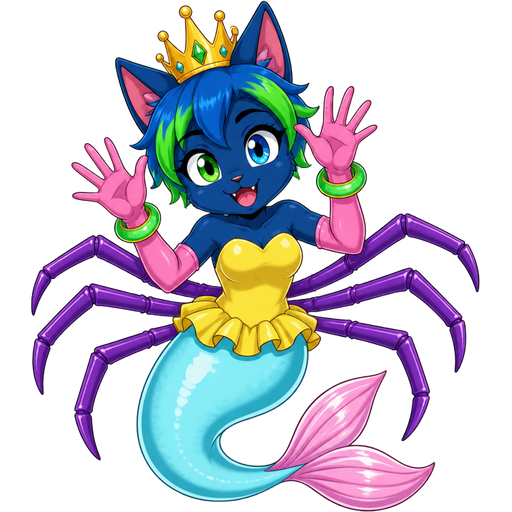smiling dark blue boy cat furry with green and blue hair wearing golden crown green braclets attached to pink long rubber gloves yellow dress tucked in a light cyan mermaid tail with white highlights with pink tail fins with six purple spider legs (sonic x anime)