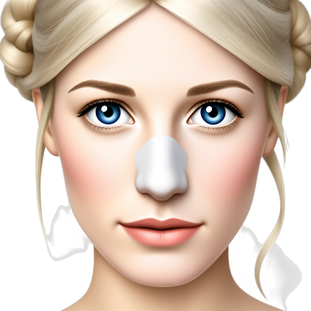 Femme blonde aux yeux bleus avec les cheveux attachés en chignon avec une masque d’argile verte sur tout le visage