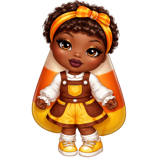 Candy Corn with a Ultra Deep Skin Tone and Heavy Lower Lip Shape with a Dark Plum Purple Matte Lipstick with a Soft Golden Palette Eyeshadow and a Thin Eyebrow with a Upturned Eye Shape and a Round Face Shape With Short Curly Afro-Textured Hair Including Bangs Wearing a Orange and Yellow Headband with Brown Eyes Wearing a White Long Sleeve Shirt With Ruffles Going around the sleeves Wearing Brown Overalls With Orange Straps and White Buttons With a Yellow Pocket on the Top of the Overalls and The Skirt is Yellow with Brown Pockets and a Brown Trimming with Two White Buttons on the Top of the Shirt Wearing White Socks and Yellow Sneakers with Dark Yellow on the Sides with a Mature Adult Toned Build and a Luxury Glow with Vivid and Distinct Features