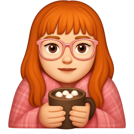 Ginger woman with long hair with bangs and light skin and brown eyes shoulders wrapped up in a pink plaid blanket drinking hot chocolate with marshmallows wearing light pink glasses