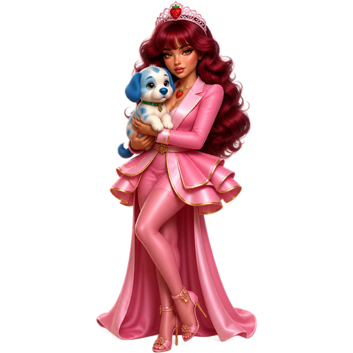 Strawberry Rose as a Princess with a Fair-Light Neutral Olive Beige Skin Tone and a Prominent Lower Lip Shape with a Shimmery Copper Glow Lipstick and the Noelle Eyelashes with a Burnt Orange Eyeshadow and Gold at the Corner of Her Eyes with a Arched Eyebrow and a Protruding Eye Shape with a Rectangular Face Shape and Maroon Ultra-Voluminous Butterfly Layered Medium-Length Hairstyle Including Bangs Wearing a Light Pink Elegant Solid Crest Shaped Tiara With a Maroon Strawberry Printed on top of it Wearing a Maroon Strawberry Necklace Wearing a Light Pink Formal Evening Long Robe Gown Dress Wearing a Pink Long Sleeve Peplum Blazer Jacket with big Circular Ruffles at the Bottom Of her Jacket and a Light Pink Lining With a Light Pink Collar with a Thin Yellow Belt Across it with Pink Tights Wearing Stiletto High-Heeled Sandals With Golden Flower Rhinestones with Yellow Lining on the Sleeves Holding Her Puppy Named Pupcake With Big Blue Spots and Blue Ears along with a Blue Tail and a Blue Nose with a Green Collar and a Luminous Glazed Complexion with a 3D Naturalistic Animation and a Mature Adult Curvy Toned Build with a Luxury Glossy and a Refined Pristine Set Up with a Theatrical Appearance
