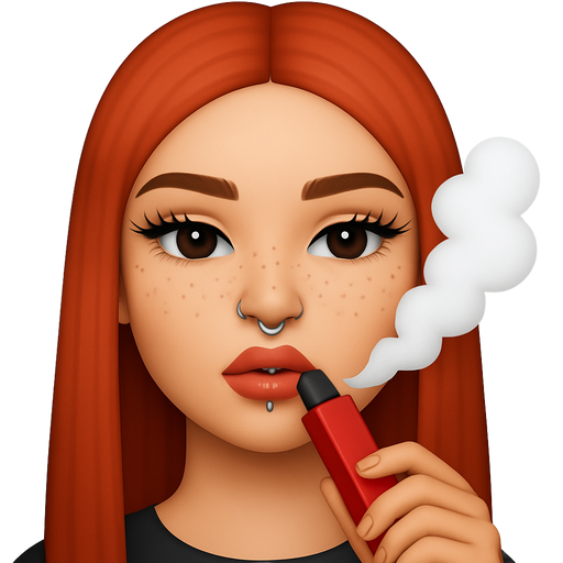 Red vape emoji girl with pale tan with freckles and ginger straight hair smoke red vape bar make the girl pretty with thin straight brown eyebrows and make the vape square shape vape bar make the girl baddie with 2 nose piercings , septum and a vertical labret lip piercing also give her long lashes and glossy lips