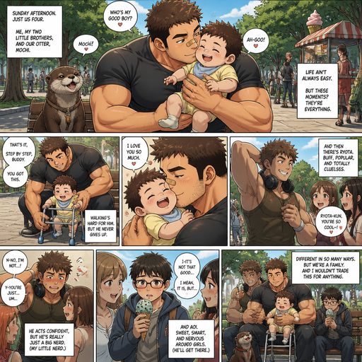 A DETAILED AND LIFELIKE LONG Anime Comic Book story view of a Bulky but Muscular ANIME Cute Bara Man With Peach toned skin Who looks Normal aind round facial Structure and Basic facial structure With Puffy and Big Pecs that are visible through the shirt and Biceps and Bandaid on his nose and Brown short hair that makes them look tough. Wearing normal With his pet Grown and healthy realistic otter and 2 little brothers that are in different ages but young. he loves the baby loves him too, but the baby has a problem walking, and get snuggled and kissed a lot the baby’s are so cute and the other is strong and buff and bulky and a Laddies man and girls like him but he is a Nerd and Is nervouse but isn‘t as strong as his brother. And get ice cream at the park