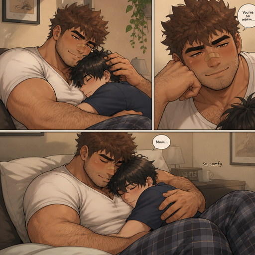 A REALISTIC AND LIFELIKE comic book Story of a Bulky but Muscular ANIME Cute Bara Man With Peach toned skin Who looks Normal and a huge and Masculine round facial Structure and Basic facial structure With Puffy and Big Pecs that are visible through the shirt and Biceps and Bandaid on his nose and Brown Spiky hair and His Hair Curls At the tip of strands and FLUFFY HAIR. Wearing a white shirt and Pajamas pants and has a HAIRY MANLY body and Small stubble beard. he looks gorgeous and cuddles his friend