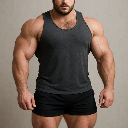 A Full Body view Huge Buff and Muscular White Guy with a Humongous Chest, has A Sleeveless Shirt With Brown Hair with Blond Highlights and brown Eyes, with a Hairy Chest and Stubbled Beard