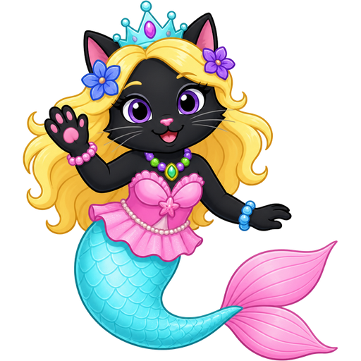 black cat with light yellow hair purple and blue flowers light cyan crown purple and green necklace pink and blue bracelets pink dress attached to long light cyan mermaid tail with pink tail fins