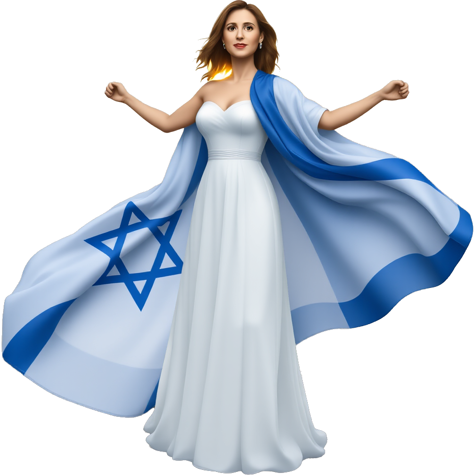 "Empowered woman embellished in a flowing gown of blue and white, draped in an ethereal Israel flag as a cape, stands triumphantly on a rocky hilltop, with the sun setting behind. Sparkling stars cascade from the fabric, symbolizing unity and hope.”