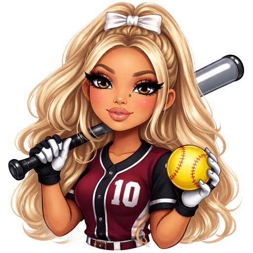 Bratz looking girl with blonde hair that’s curled and long eyelash’s tan skin and a softball uniform that is maroon and black