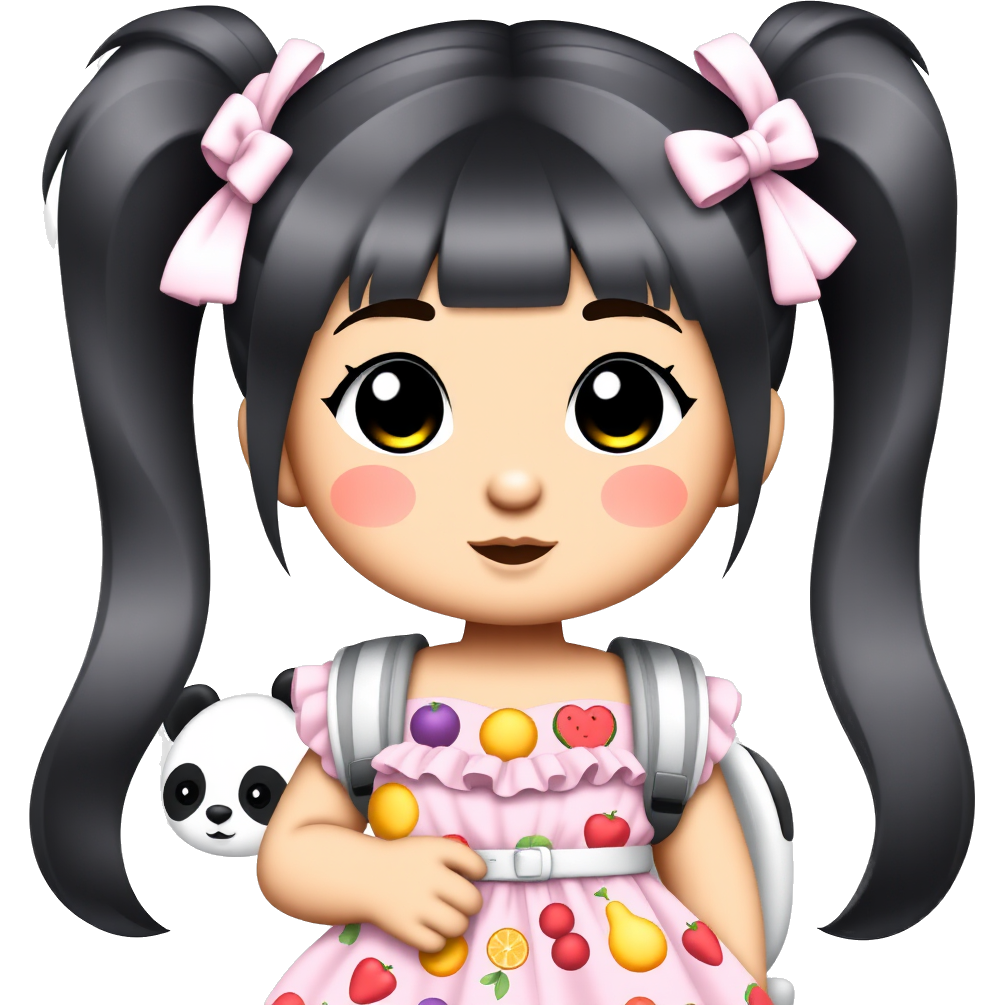 Kawaii Brazilian girl with shiny jet-black hair styled into playful pigtails, adorned with pastel ribbons. Her big, sparkling black eyes are framed by heart-shaped blush, and she wears a vibrant, frilly dress decorated with adorable fruits. A cute panda backpack hangs playfully at her side, completing her charming look!