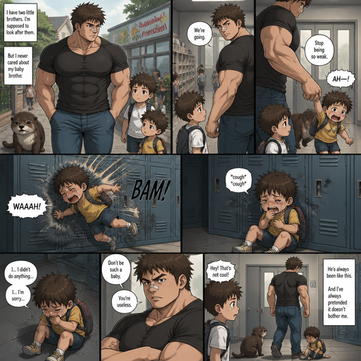 A DETAILED AND LIFELIKE ANIME OF Comic Book extended story that shows everything of a Bulky but Muscular ANIME Cute Bara Man With Peach toned skin Who looks Normal aind round facial Structure and Basic facial structure With Puffy and Big Pecs that are visible through the shirt and Biceps and Bandaid on his nose and Brown short hair that makes them look tough. Wearing normal With his pet Grown and healthy realistic otter and 2 little brothers that are in different ages but young. He never loved his baby brother and so he picks the little baby brother up at Preschool by the arm and the baby brother fly’s into to the lockers and crys but is to weak and the baby brother sits there coughing. And The baby brother tries to defend himself, but can’t. And is shoulder and coughs