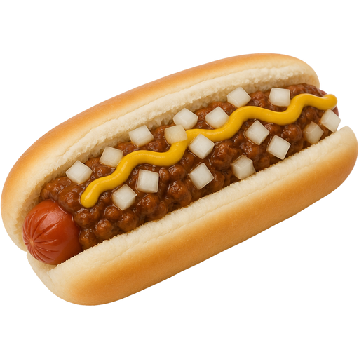 Beef Flavored Coney Island-Style Hotdog with Meat Sauce, Steamed Bun, Yellow Mustard, and Chopped Raw Onions