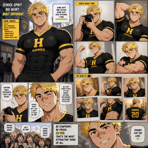 A Full page Anime Comic book story about of a masculine and Bulky ANIME Cute Bara Man American 20 year old with a ROUND and BASIC facial structure and TENAGE BARA CUTE MALE not to detailed With bigger than average Pecs that are visible through the shirt and Biceps and a big Bandaid on his nose and Left Cheek and Right Eye brow. Wearing a no piercings Modeling a School Spirit Clothes with some black that are tight around the waist and Pants and Yellow hair with Bright Yellow Hair Tips and Strait is. Wearing with brown eyes and black eyebrows. Taking Hot, Dreamy and Attractive Photos that are Prettboy pictures and flexing